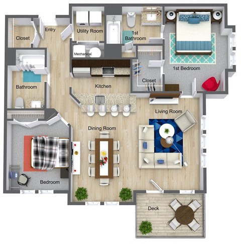 Floor plan for 2 beds, 2 baths, 1220 sqft